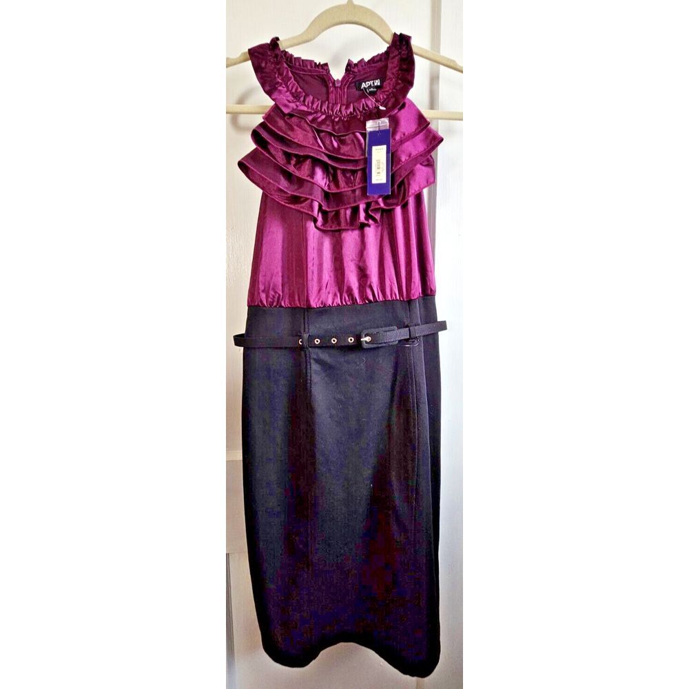 NWT APT.9 Ruffle Satin neck upper Fuchsia black shirt dress w/belt Sz 6
